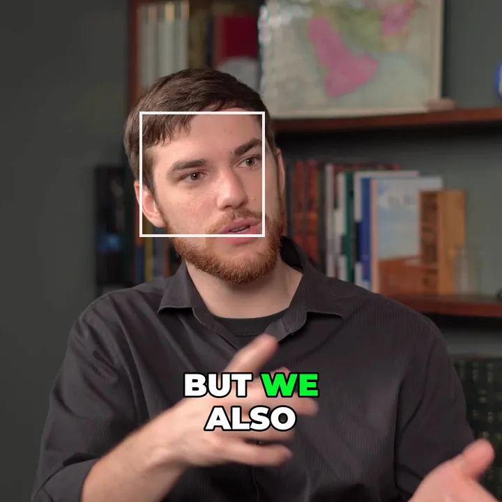 A square podcast clip with captions; a box marks the part shown up close