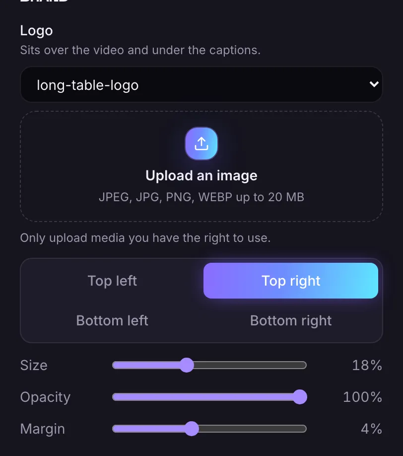 The logo settings in a brand template: the logo file, the corner, size, opacity and margin