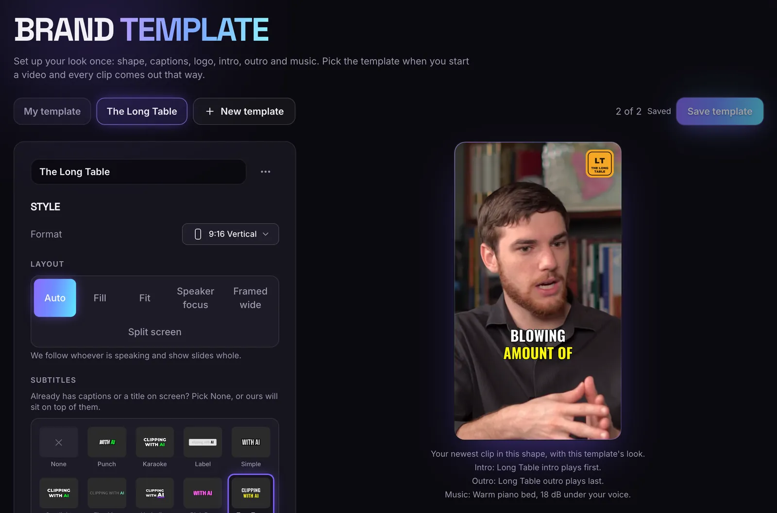 The Brand template page: a template named The Long Table with its style settings and a live preview of a clip wearing the template's logo and captions