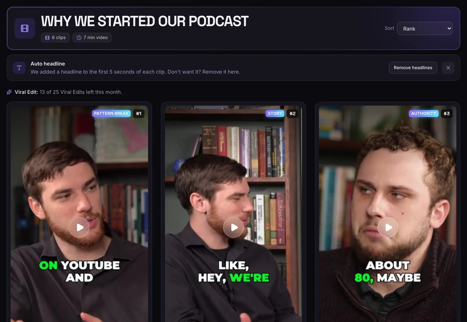 The clips page for a podcast video: six vertical clips, each ranked, with a virality score, a title and a hook label