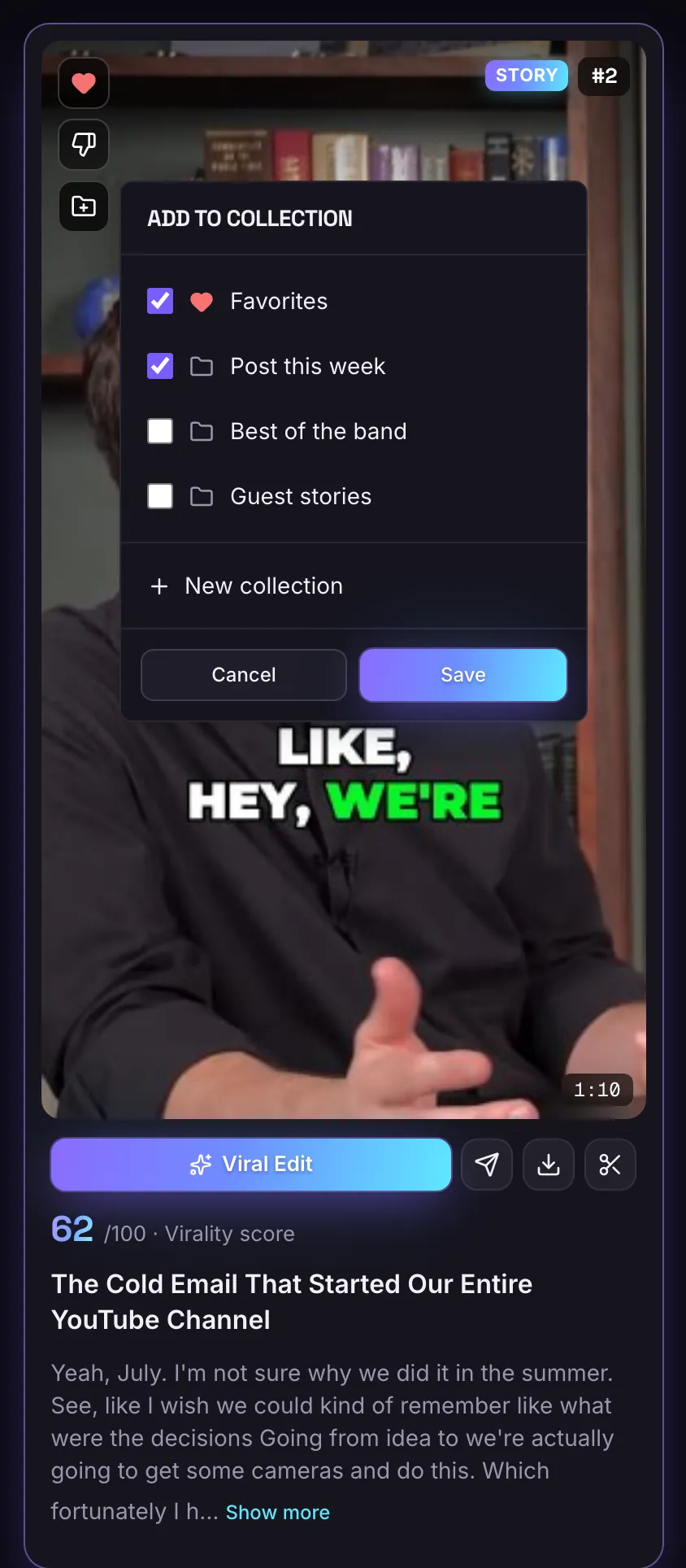 A clip with the Add to collection box open: Favorites, Post this week, Best of the band, Guest stories and New collection