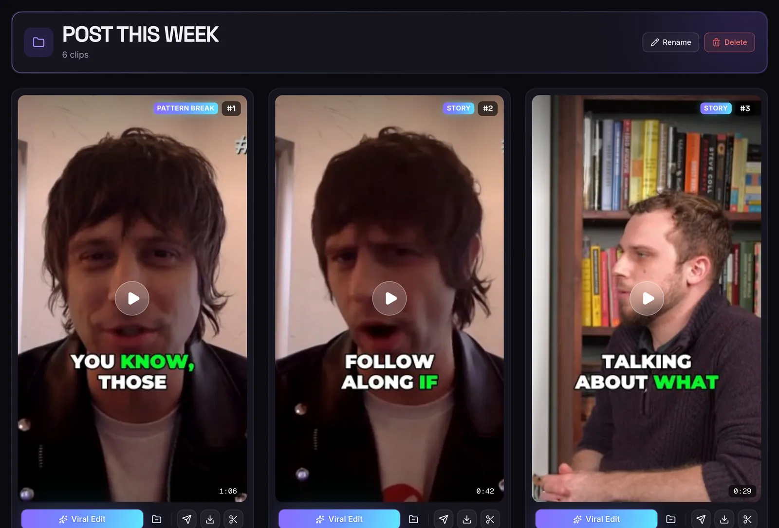 A collection named Post this week with six clips from two different videos