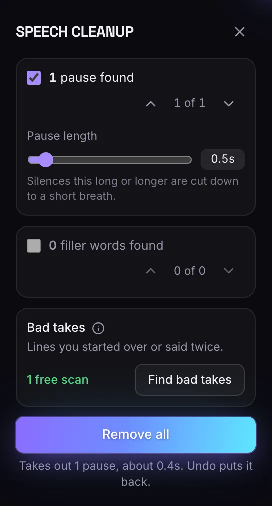 The Speech cleanup panel: pauses, filler words, bad takes and a Remove all button