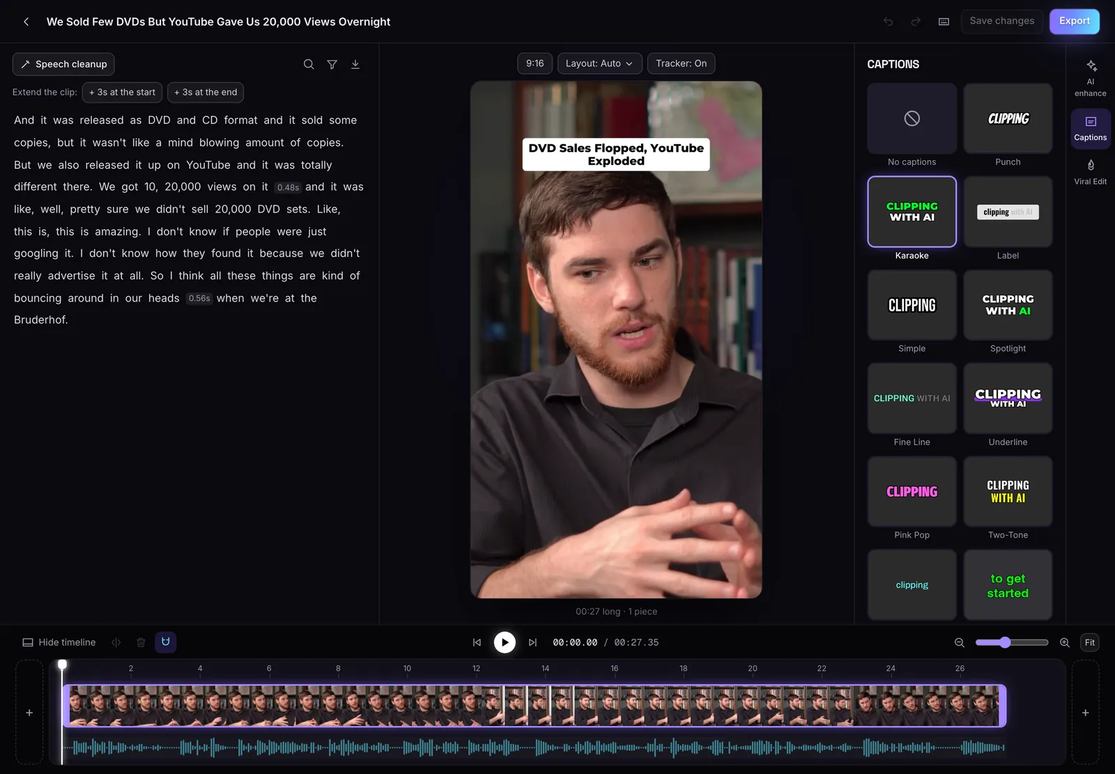 The clip editor: the transcript on the left, the clip in the middle, caption styles on the right and the timeline below