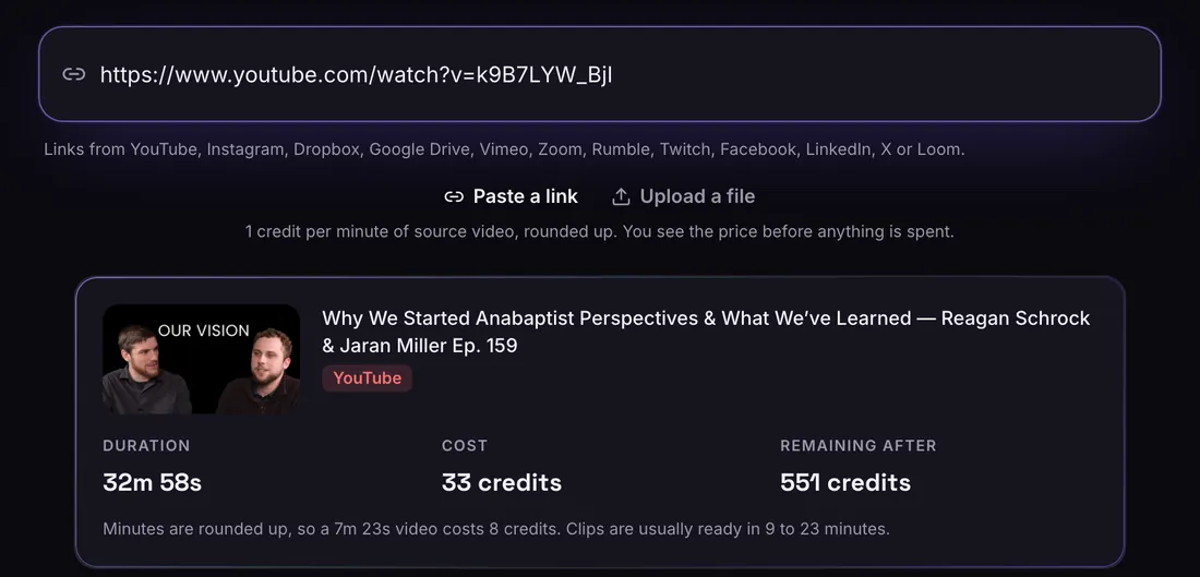 A YouTube link pasted into the submit page, with the video's title, length and price shown before anything is spent