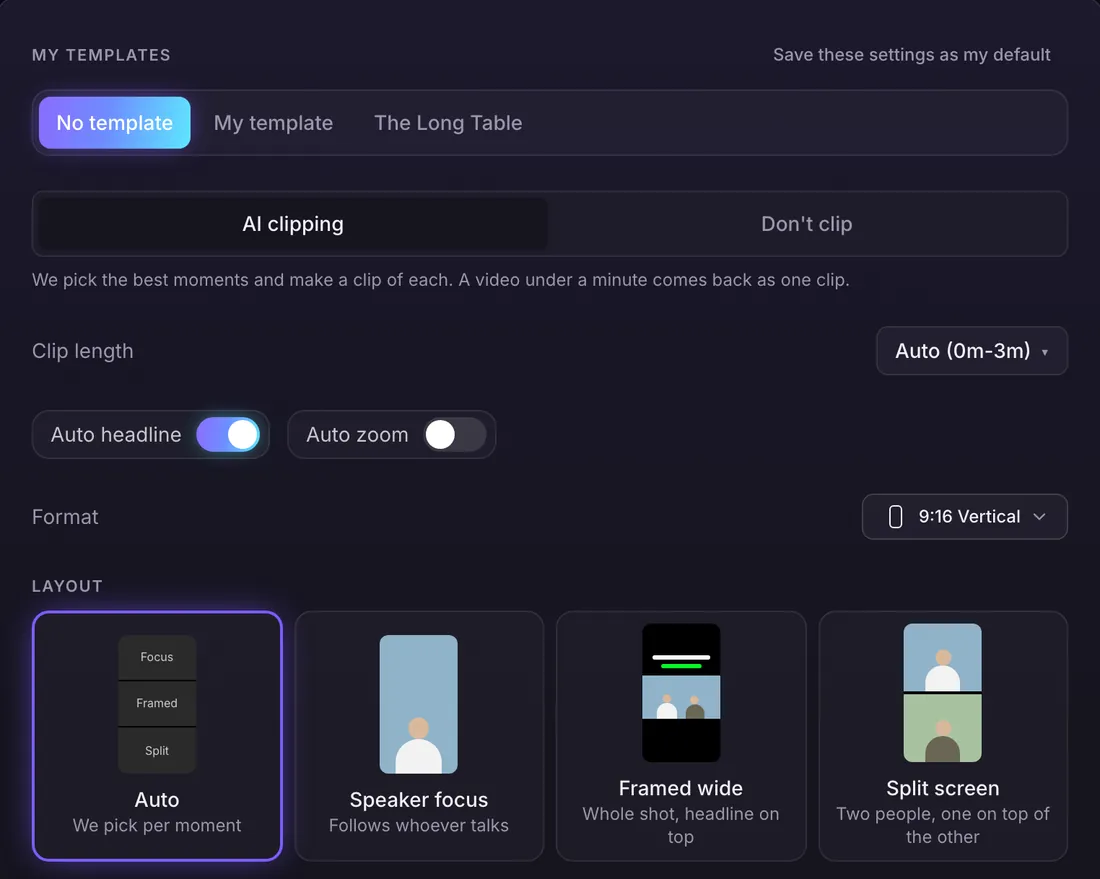 The submit options: brand templates, AI clipping or Don't clip, clip length, Auto headline, Auto zoom, format and layout