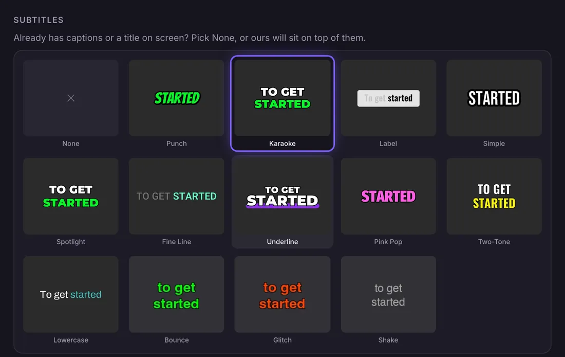 The caption style picker with all 13 styles
