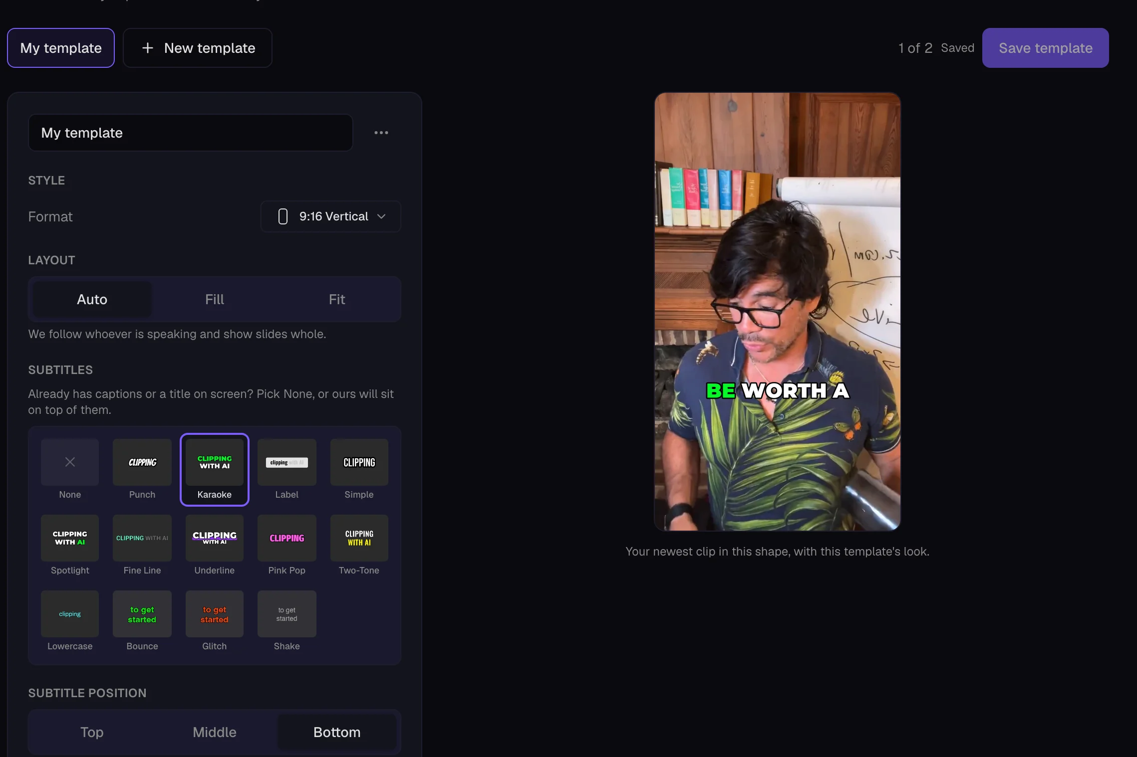 A brand template's settings (shape, layout and caption style) beside a preview of a clip with that look.